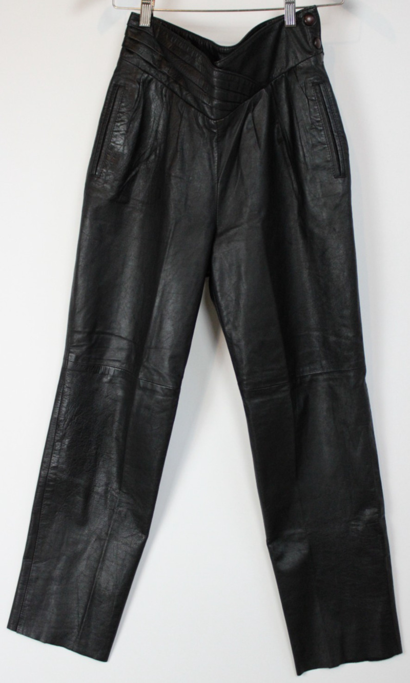 Vintage 90s/00s High‑Waisted Real Leather Pants Black Pleated Waist Size 40 (4)